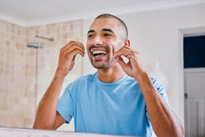 A man flosses his teeth in the mirror. Flossing is a positive influence for how oral health affects the body